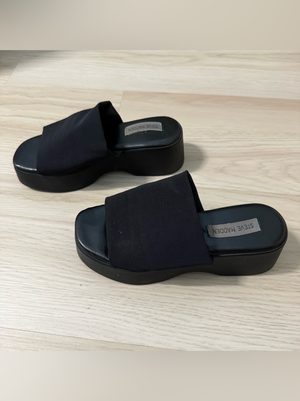 Steve Madden Black Wide Strap Slide Platform Sandals